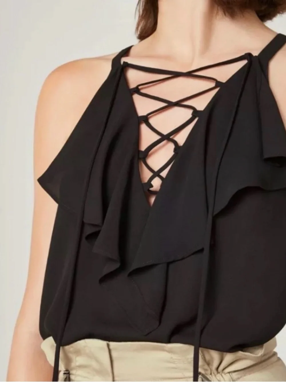 BCBGMaxAzria Black Ruffle Lace-Up Yop - Picture 3 of 3